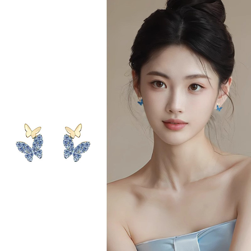 蓝色蝴蝶纯银耳钉女2026新款
