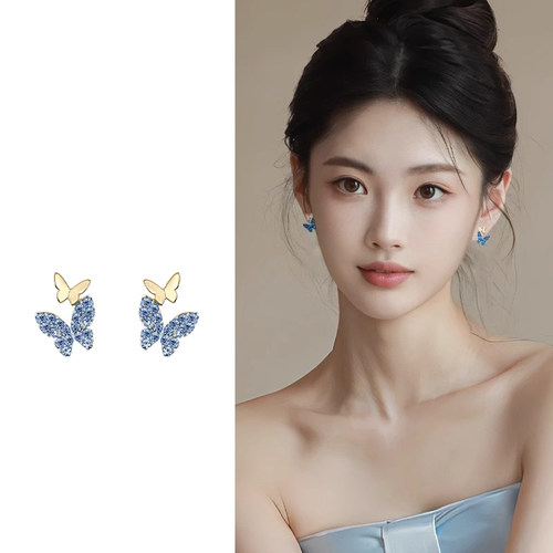 蓝色蝴蝶纯银耳钉女2026新款