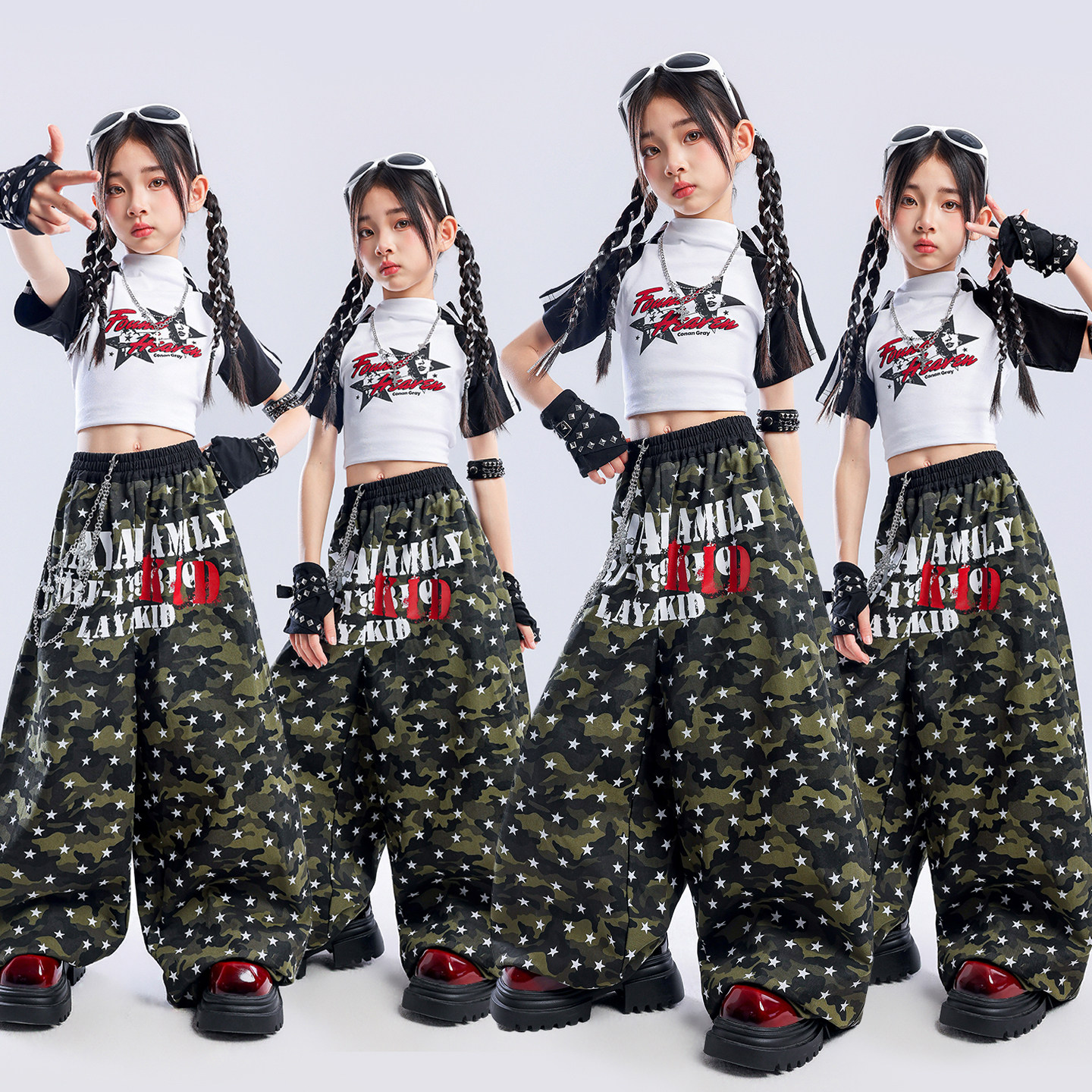 女童爵士舞机车风迷彩短袖演出服图片
