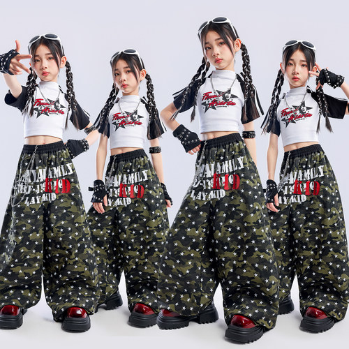 女童爵士舞机车风迷彩短袖演出服