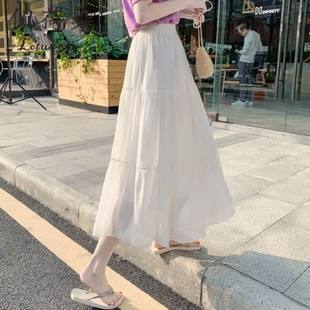 長款 純色雪紡A字半身裙子仙女超仙森系2024年夏裝 高腰學生蛋糕裙