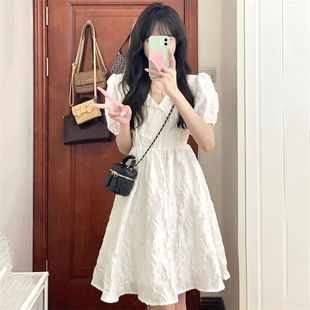显瘦中长款 法式 韩版 甜美初恋V领泡泡袖 字裙 白色连衣裙女学生夏季
