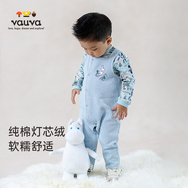 [Vauva]姆明联名婴儿背带裤蓝色宝宝裤可爱秋冬款裆部按扣冬季
