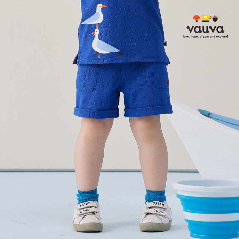 [Vauva]男童运动短裤新款休闲蓝色短裤夏季棉工装短裤男童