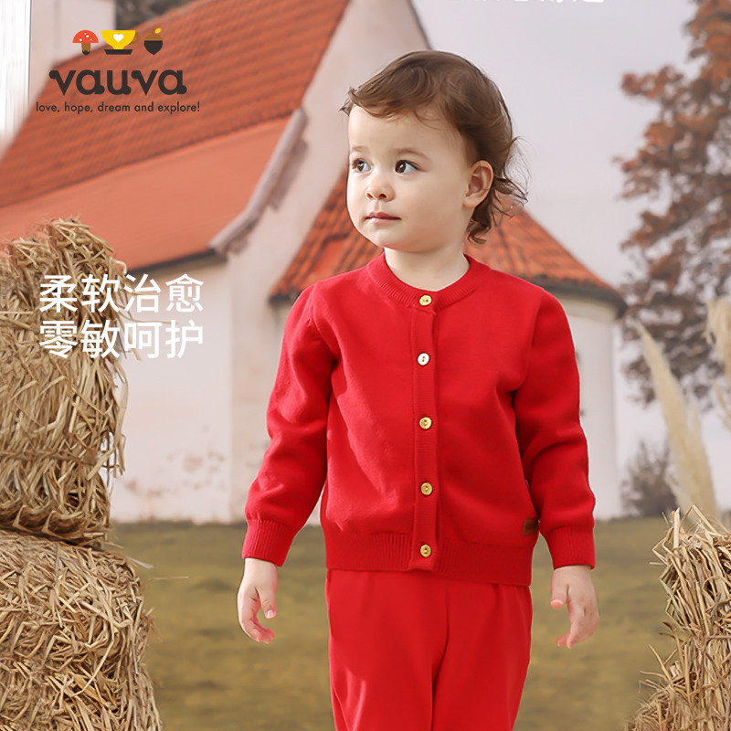 Vauva红色针织毛衣开衫女宝春秋