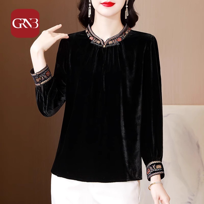 GRNB洋气妈妈金丝绒上衣女长袖秋装新款复古气质立领刺绣打底小衫