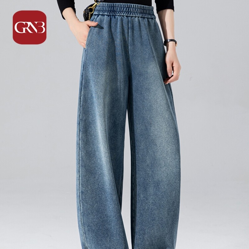 GRNB复古牛仔裤女冬季新款加绒阔腿裤宽松慵懒风垂感直筒裤松紧腰