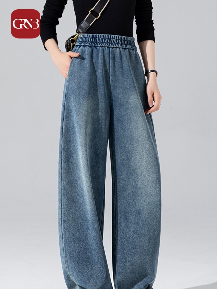 GRNB覆古牛仔裤女冬季新款加绒阔腿裤宽松慵懒风垂感直筒裤松紧腰