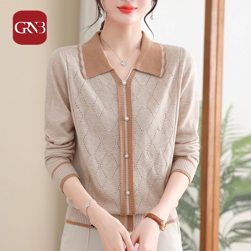 GRNB气质妈妈秋装上衣长袖打底衫女装针织小衫中老年春秋衬衫