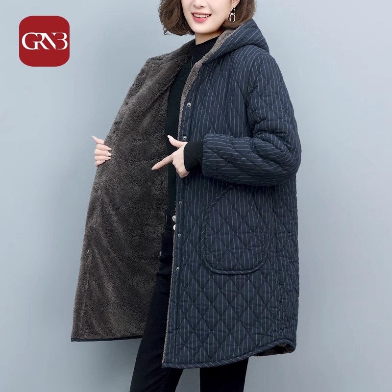 GRNB中长款妈妈棉服女秋冬季新款加绒加厚棉袄时尚条纹连帽派克服