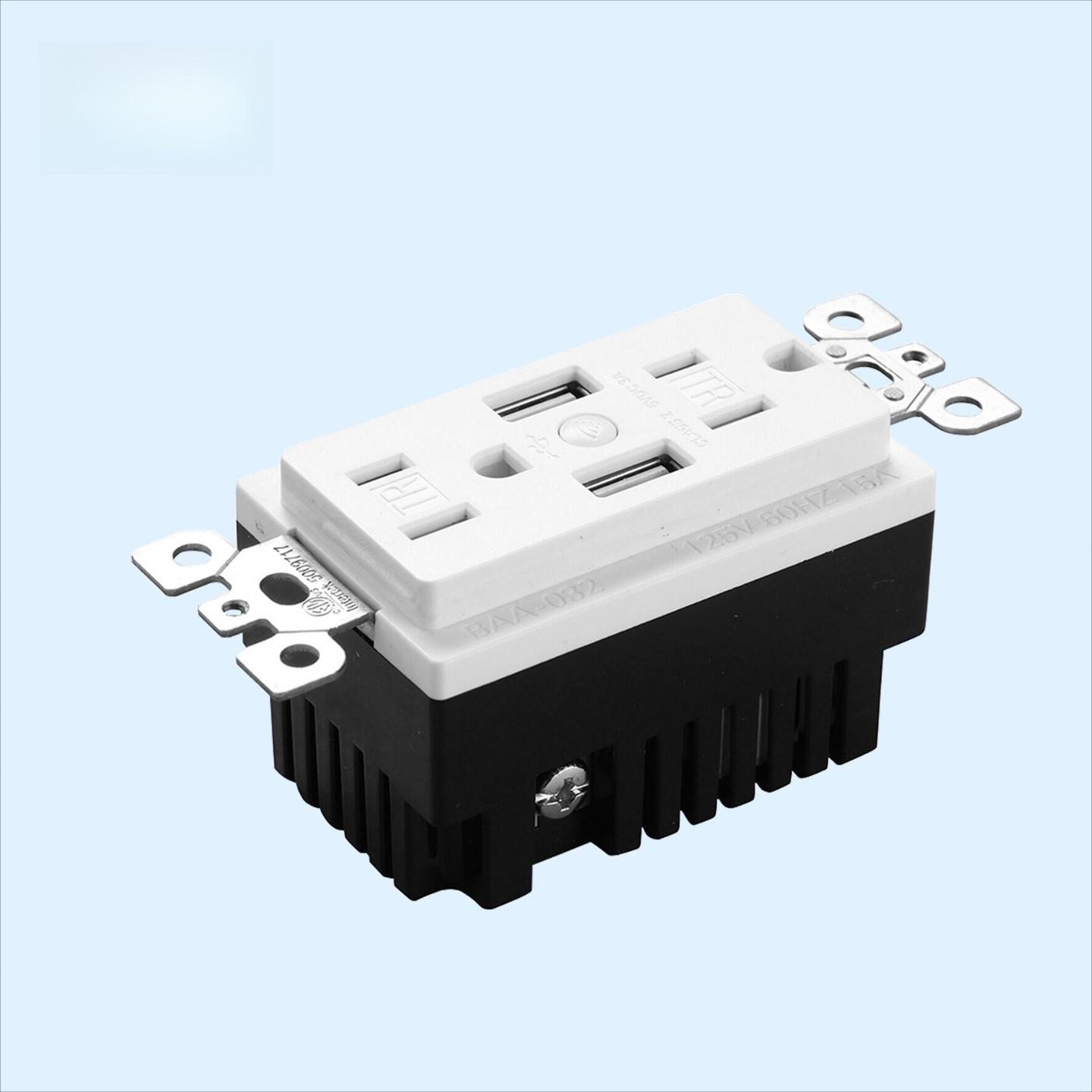 美式 USB 墙壁插座 15A 双 USB 充电口 美规墙面电源插座面板白色