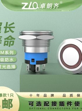 卓朗齐金属按钮开关19mm防水ip67防爆带锁复位短款LED发光改装