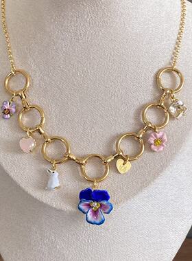 法国珐琅小众三色堇模特走秀款轻奢百搭高级感项链手链