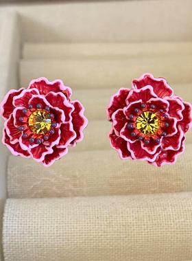 法国珐琅ln葡萄庄园系列红色桃花耳钉项链戒指