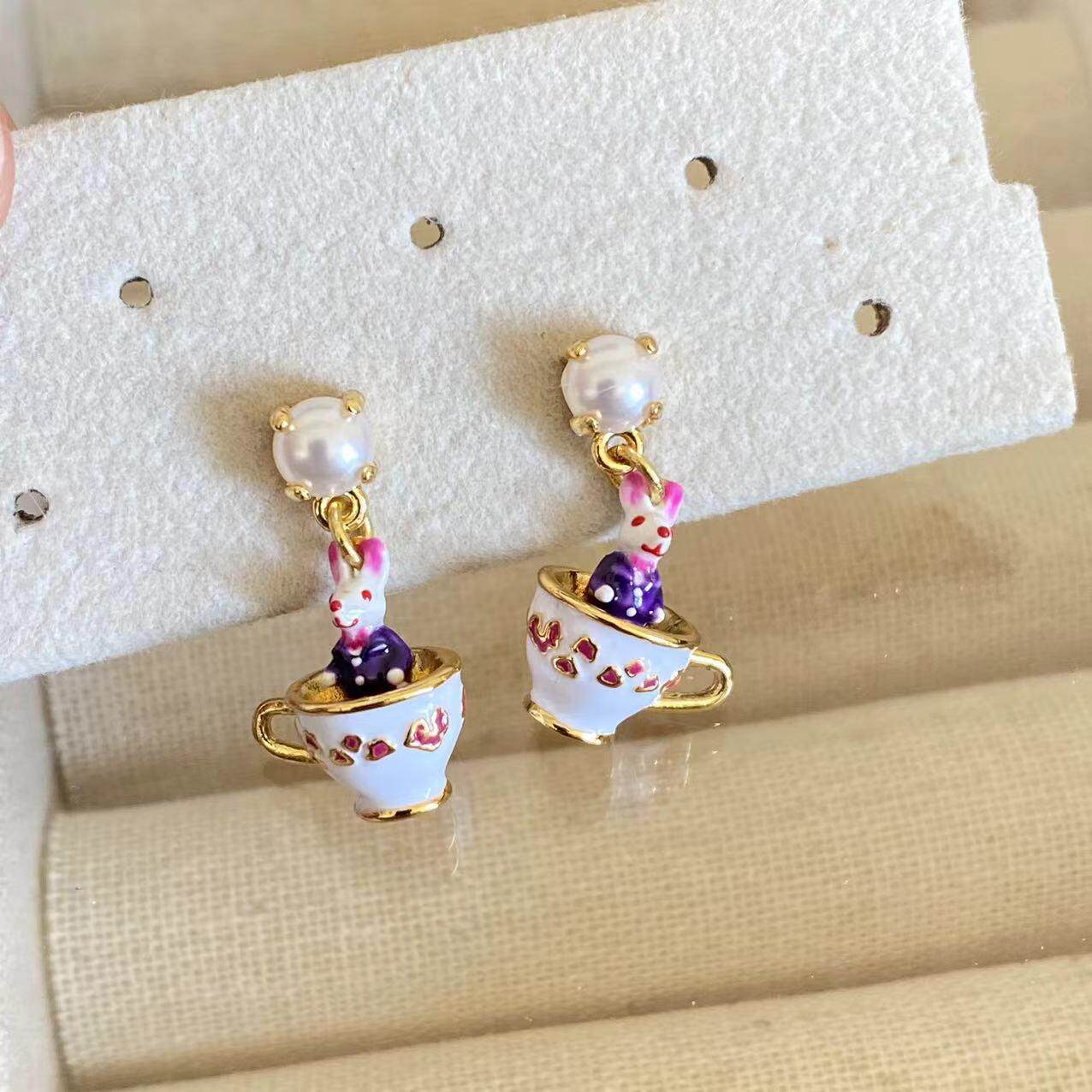 耳环可爱手绘珐琅彩釉立体紫色西装小兔子茶杯项链锁骨链礼物女
