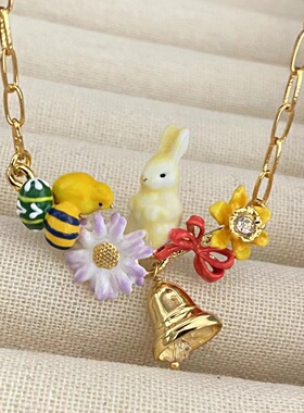 法国珐琅小众复活节兔子水仙花慈善小黄鸡蝴蝶结铃铛项链