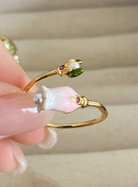 手工珐琅小众设计款渐变郁金香珍珠不对称开口戒指可调节精致百搭