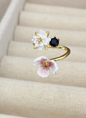 法国珐琅莫奈花园荷花粉色睡莲盛开开口戒指