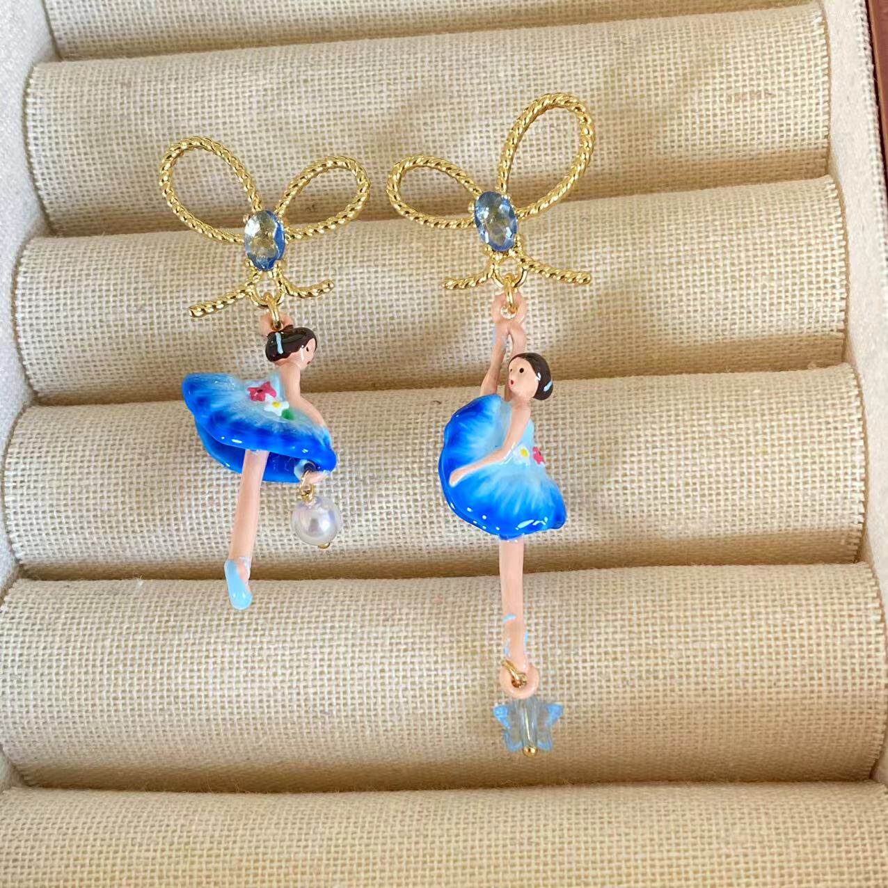 法式珐琅珐琅浪漫小众轻奢新款蓝色女蝴蝶结不对称芭蕾耳钉耳夹耳