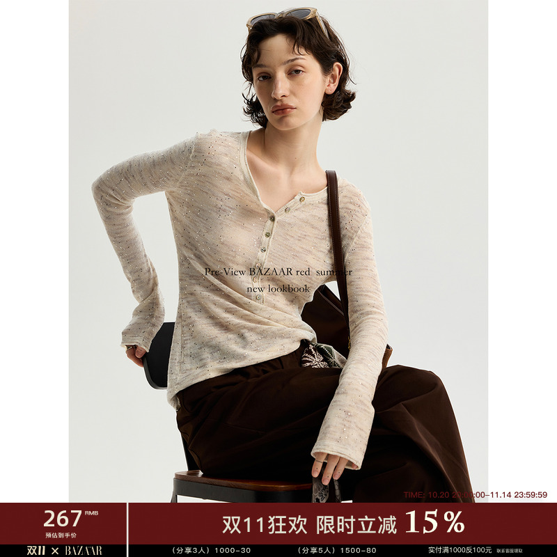 BAZAAR RED芭莎红 设计感高级简约百搭休闲棉麻混纺亮片长袖T恤女