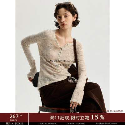 BAZAAR RED芭莎红设计感高级简约百搭休闲棉麻混纺亮片长袖T恤女