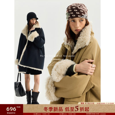 【皮毛一体】BAZAAR RED芭莎红时尚复古正反两穿牛角扣保暖派克服