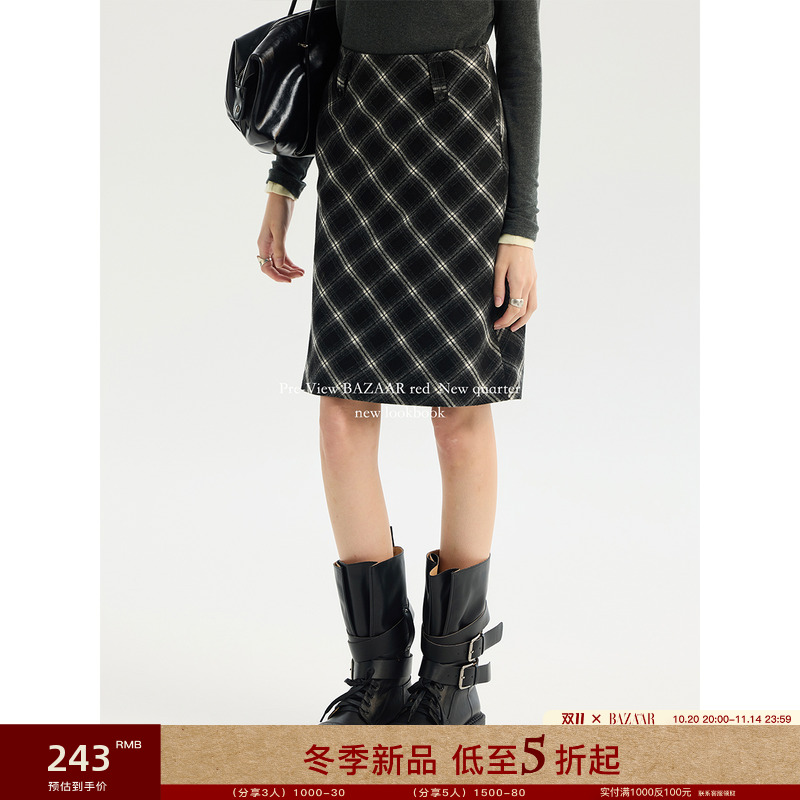 BAZAAR RED芭莎红 时尚复古格纹羊毛休闲显瘦毛呢直筒A字半身裙