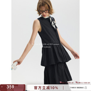 BAZAAR 圓領連衣裙 RED黑色休閑百搭高腰氣質淑女花邊蛋糕裙無袖