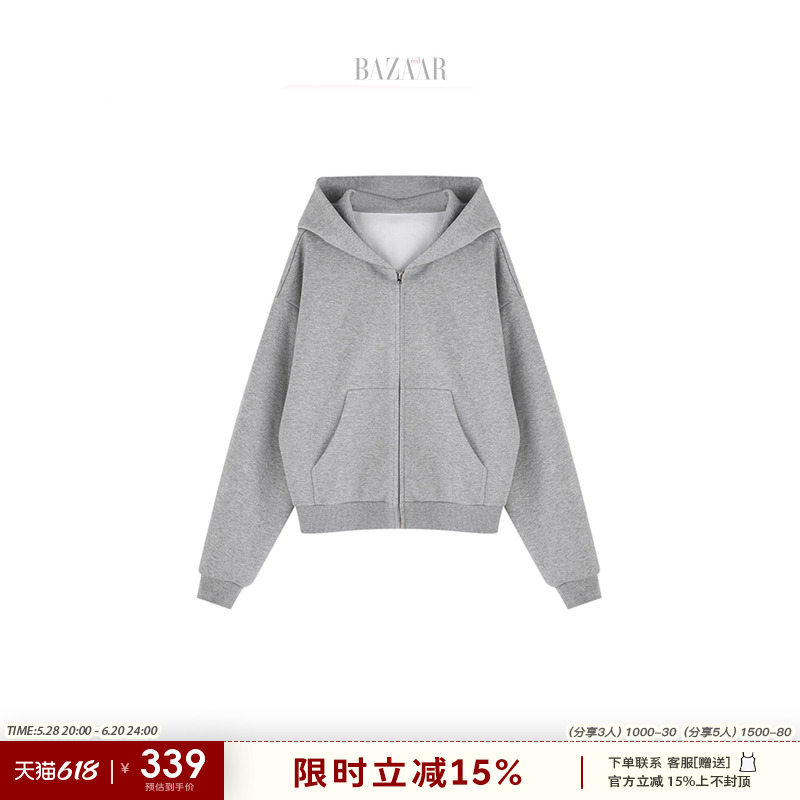 BAZAAR RED时尚芭莎红 灰色设计感蕾丝拼接卫衣女宽松连帽上衣