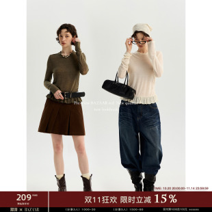 T恤女 高级简约肌理感蕾丝花边领收腰显瘦长袖 BAZAAR RED芭莎红