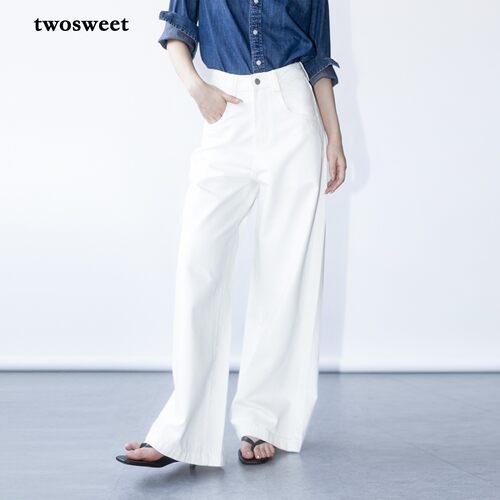 twosweet【画报白牛】挺括100%精梳棉时髦阔腿宽松高腰牛仔拖地裤