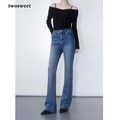 twosweet拉腿秘诀万向弹复古蓝微喇牛仔裤解构式提臀喇叭毛边长裤