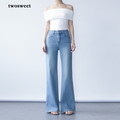 twosweet【满芬迷人裤】四面弹直筒微喇牛仔裤显瘦25018
