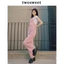 twosweet 粉色背带牛仔裤 明星同款 女元 气减龄宽松直筒休闲长裤