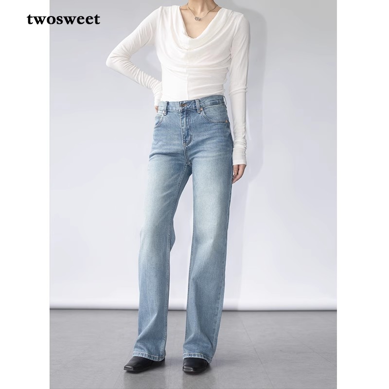 twosweet【神裤再现】中高腰做旧直筒牛仔裤女美式复古窄版休闲裤