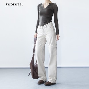 twosweet 硬朗时髦/卡其中低腰直筒工装牛仔裤美式复古辣妹长裤女
