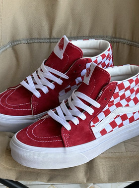 Sk8-Mid Pro 鹿皮中帮帆布拼接白红色格子棋盘格板鞋男女鞋帆布鞋