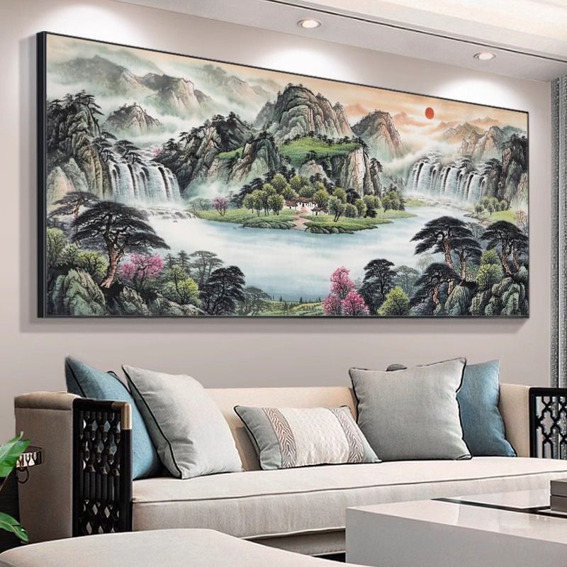 聚宝盆山水画中式国画办公室风景挂画客厅装饰字画沙发背景墙壁画