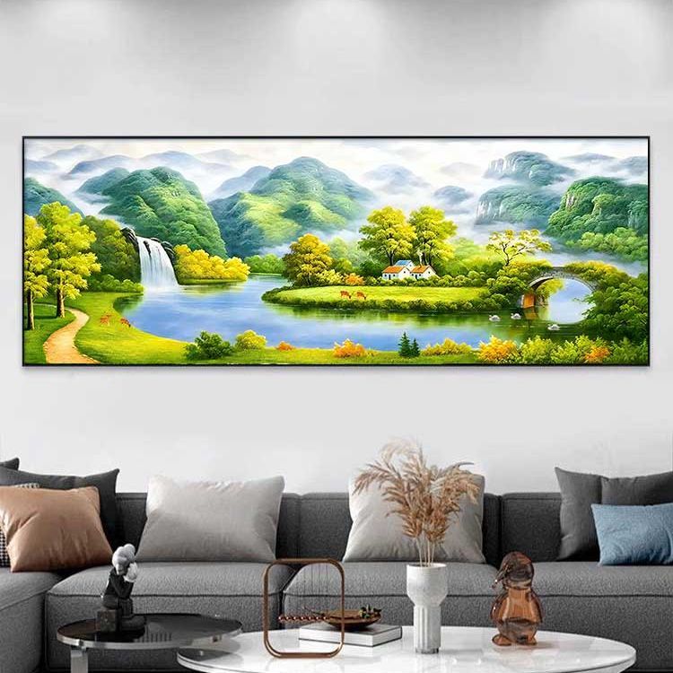 八方来财挂画大白简约沙发背景墙客厅西墙聚财山水画聚宝盆装饰画