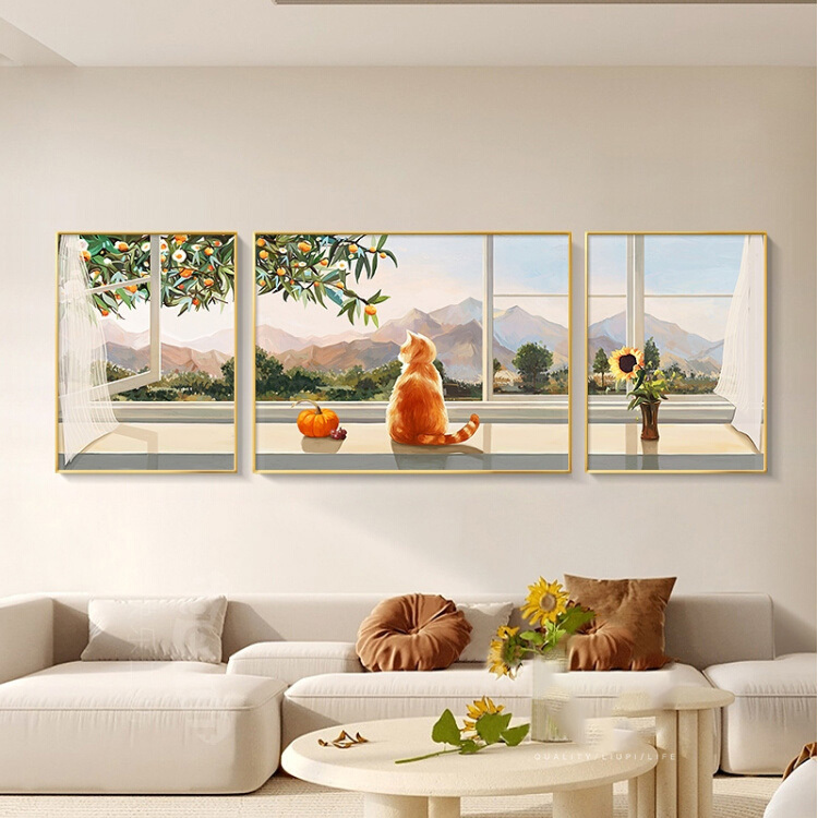 北欧小清新客厅装饰画治愈系猫咪三联壁画沙发背景墙温馨艺术挂画