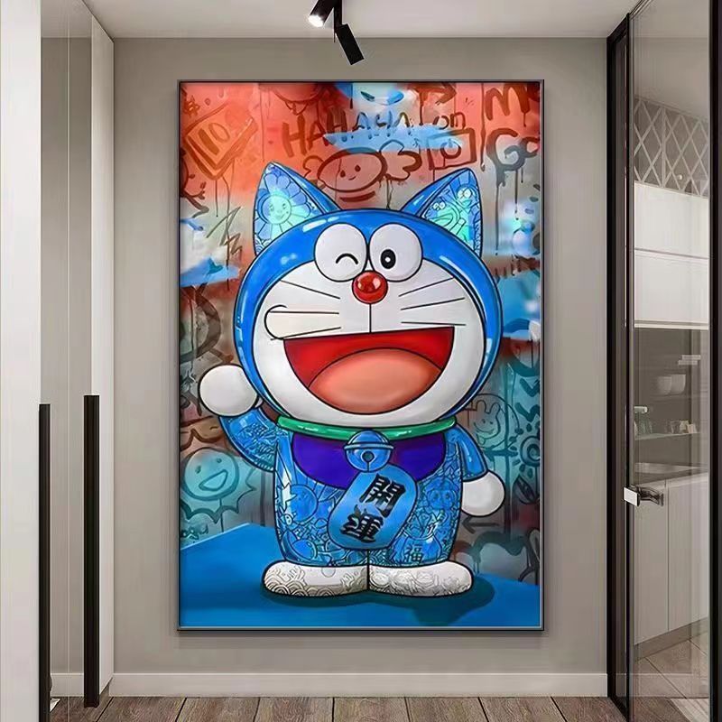 招财机器猫玄关装饰画哆啦A梦客厅卡通挂画开运升运隐形富豪壁画