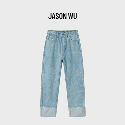 JASON WU-J系列高腰直筒九分牛仔裤起翻边浅色显瘦潮流休闲裤女