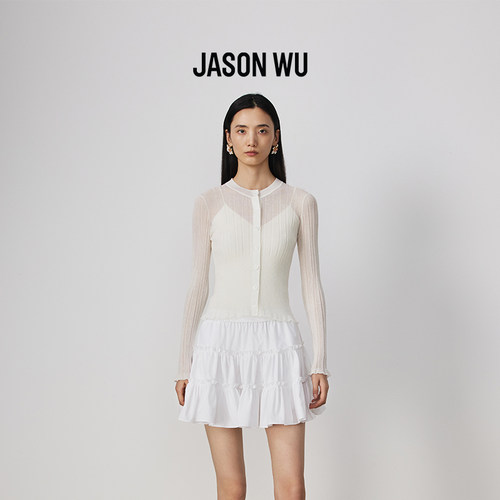 JASON WU春夏新款圆领百搭肌理感荷叶边镂空微透针织开衫上衣女
