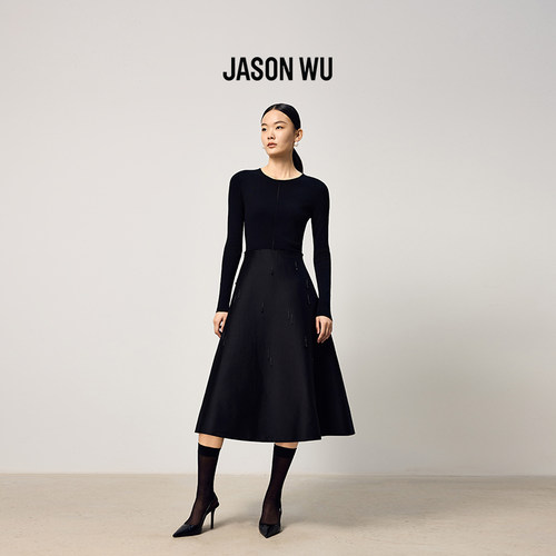 JASON WU商场同款钉珠长袖连衣裙女士针梭相拼修身轻奢裙子