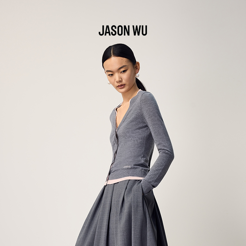 【绵羊毛】JASONWU2025秋季新款格雷系通勤V领假两件撞色针织开衫