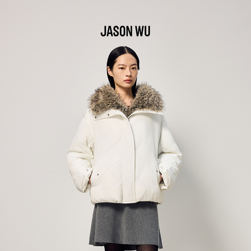 JASON WU2025秋冬新款时尚通勤气质纯色拼接高档可脱卸毛领羽绒服
