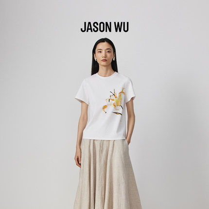 JASON WU 25秋季新款百合印花棉质正肩短袖T恤花卉简约休闲上衣女
