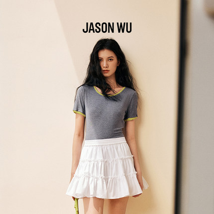 JASON WU25新款莱赛尔撞色扭转拼接修身短袖T恤上衣
