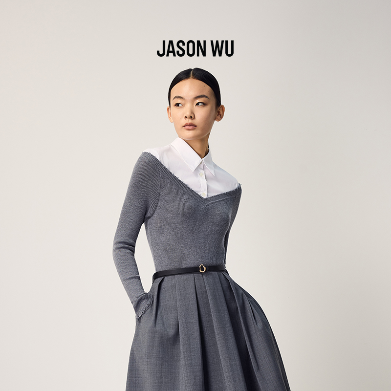 【绵羊毛】JASON WU25秋季新款通勤格雷系设计感衬衫领拼接针织衫