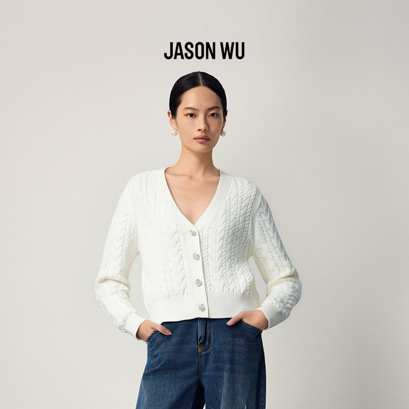 【绵羊毛】JASON WU2025秋冬新款纯色V领通勤气质绞花开衫针织衫